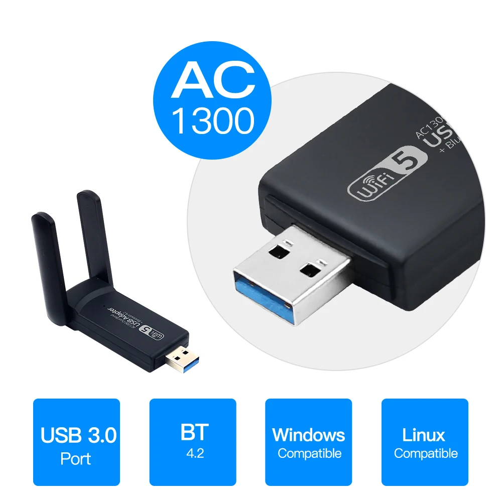 WiFi5การ์ดเครือข่ายไร้สาย USB 3.0 Bluetooth4.2อะแดปเตอร์ Wi-Fi5ดองเกิล2.4G/5GHz สองย่านความถี่สำหรับแล็ปท็อปพีซีวินโดวส์