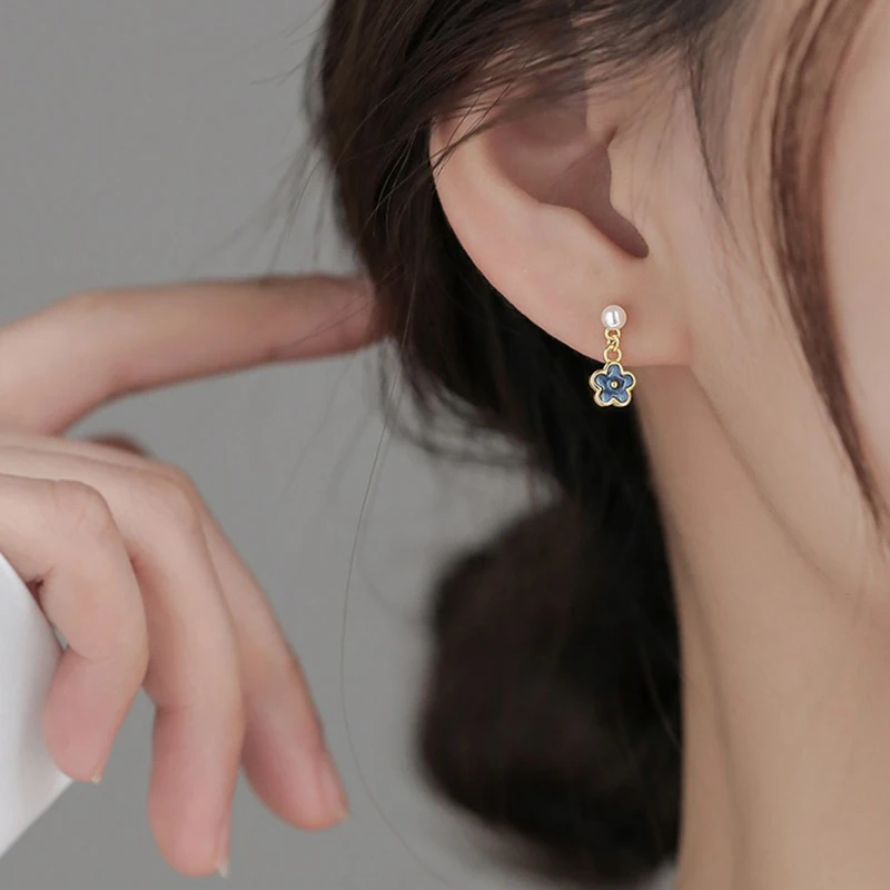 Real 925 Sterling Silver Pearl 14K Gold Blue Flower Pendant Stud Earrings For Women Cute Fine Jewelry Light Luxury Accessories view 3