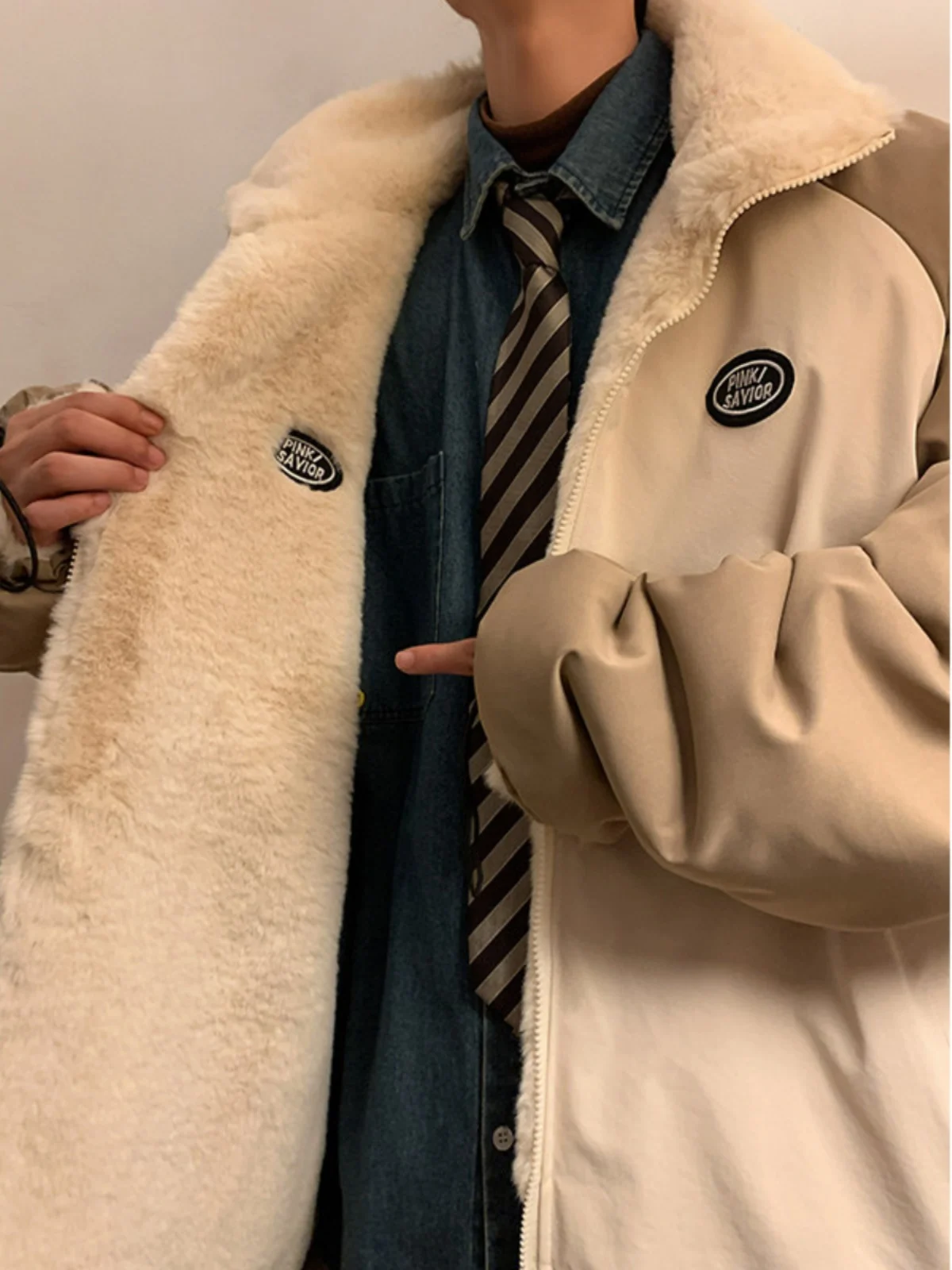 

Утепленная хлопковая куртка с подкладкой из овечьей шерсти для мужчин: теплая, модная, с застежкой-молнией, длинными рукавами, повседневная верхняя одежда