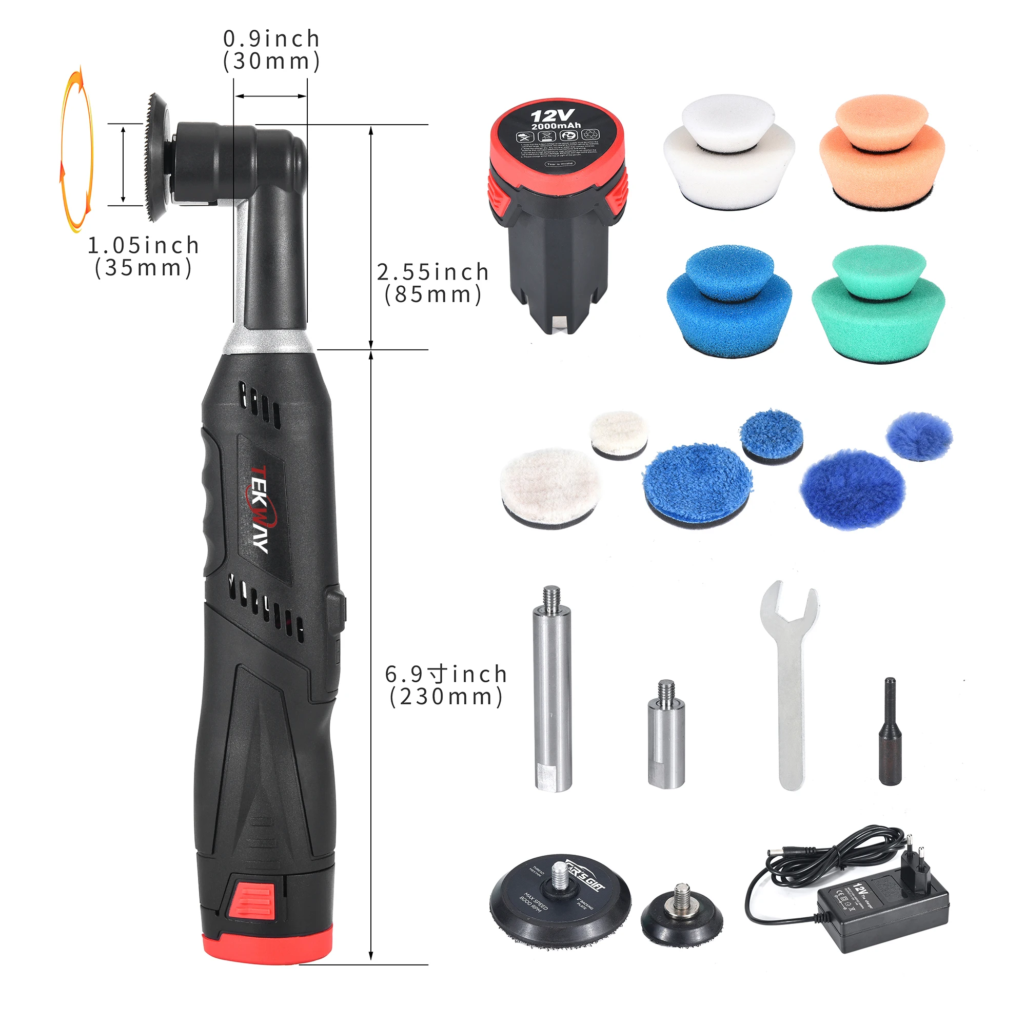 12V Cordless Dual Action Battery Car Mini Polisher with RO DA Switch and 1.2in/2in Backing Pad - view 2