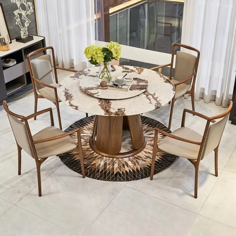 

Scandinavian style solid wood base round marble table with seat unique design, suitable for 4 6 8 people household furniture din