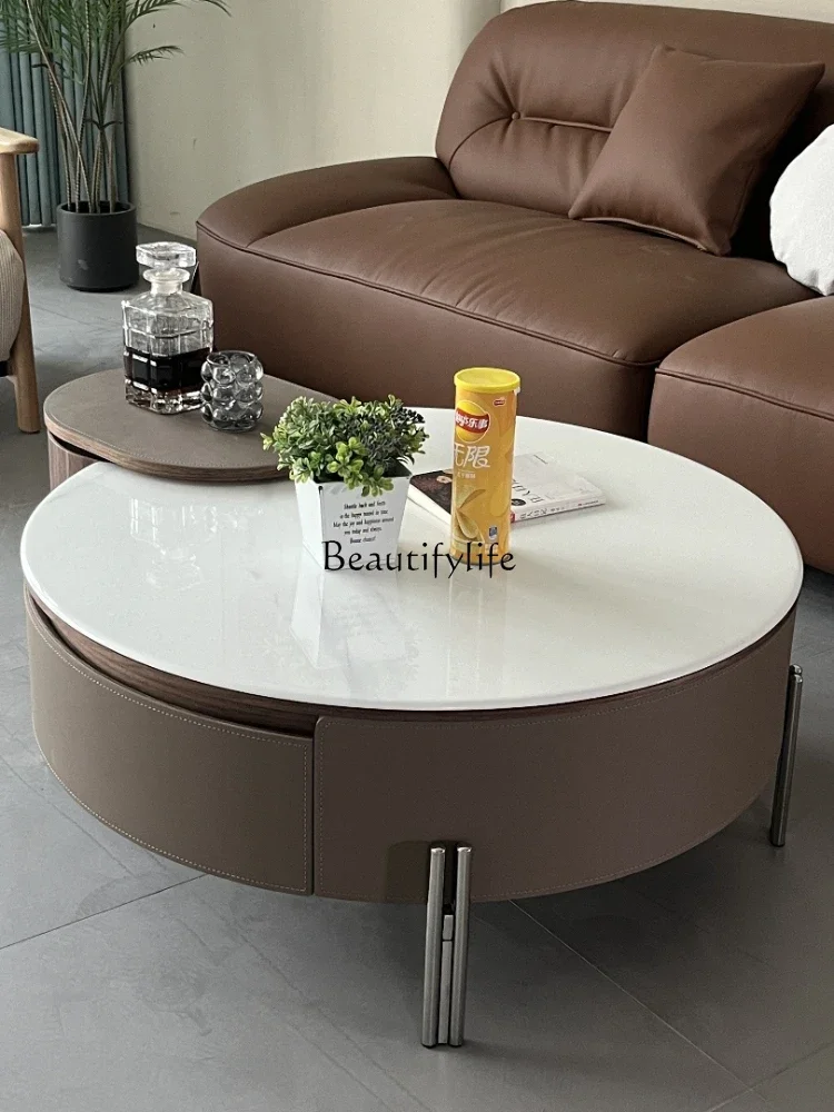 New round Microlite Coffee Table Lifting Rotating Saddle Leather Small Apartment Home