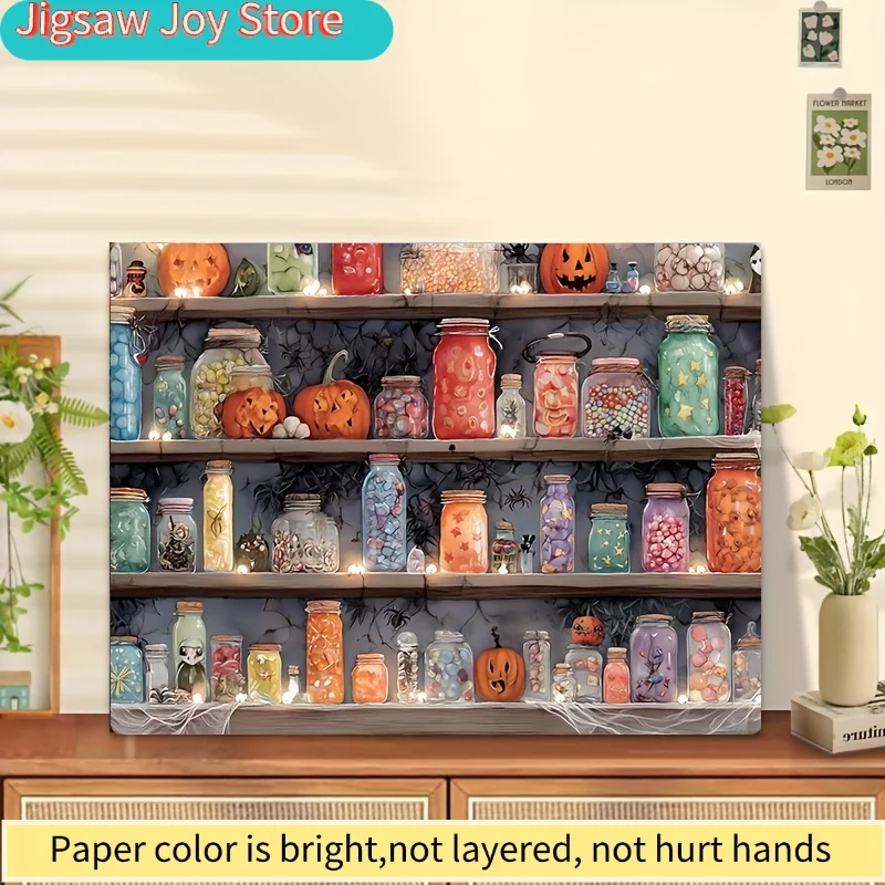 500 elementów puzzli dla dorosłych z motywem ciepłego, halloweenowego słoika, idealne do gier i zajęć na imprezy. To przytulne mieszanie