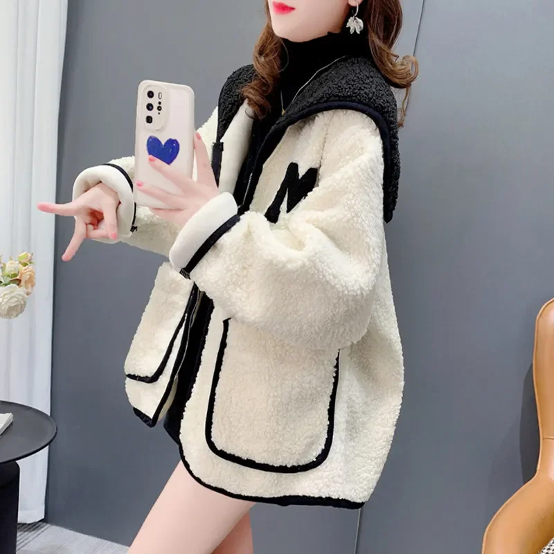 Navy Collar Lambskin Jacket Women's Outwear Autumn Winter New Fashion Loose Long Sleeve Thicke Warm Lambskin Jacket Tops