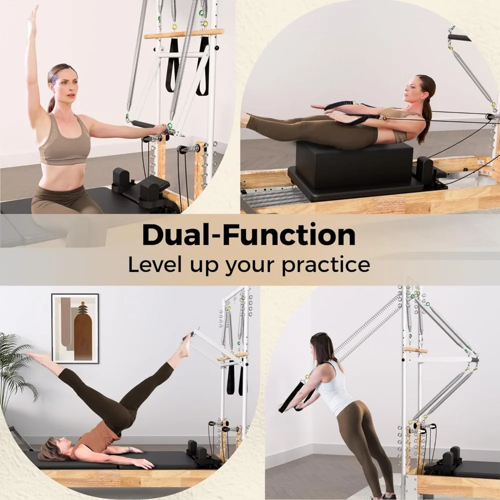 Pilates Reformer, Houten Reformer Pilates Machine met Toren & Mat, Pilates Apparatuur voor Thuis, Inclusief Zitdoos, Jumpboard