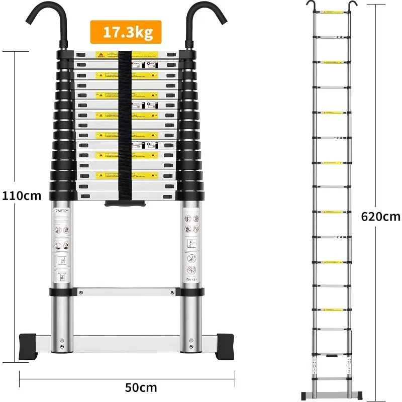 Telescoping Ladder, 20.34 FT Aluminum Extension Ladder with 2 Detachable Hooks, Portable Attic Ladder, Heavy Duty 330lbs