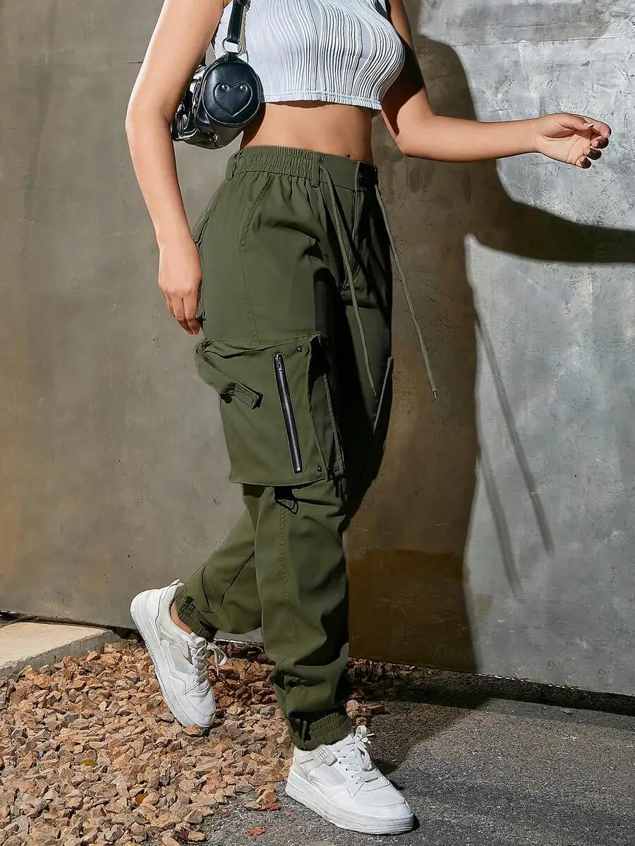 

Street Vintage Drawstring Waist Cargo Jogger Pants With Side Zipper And Flap Pockets