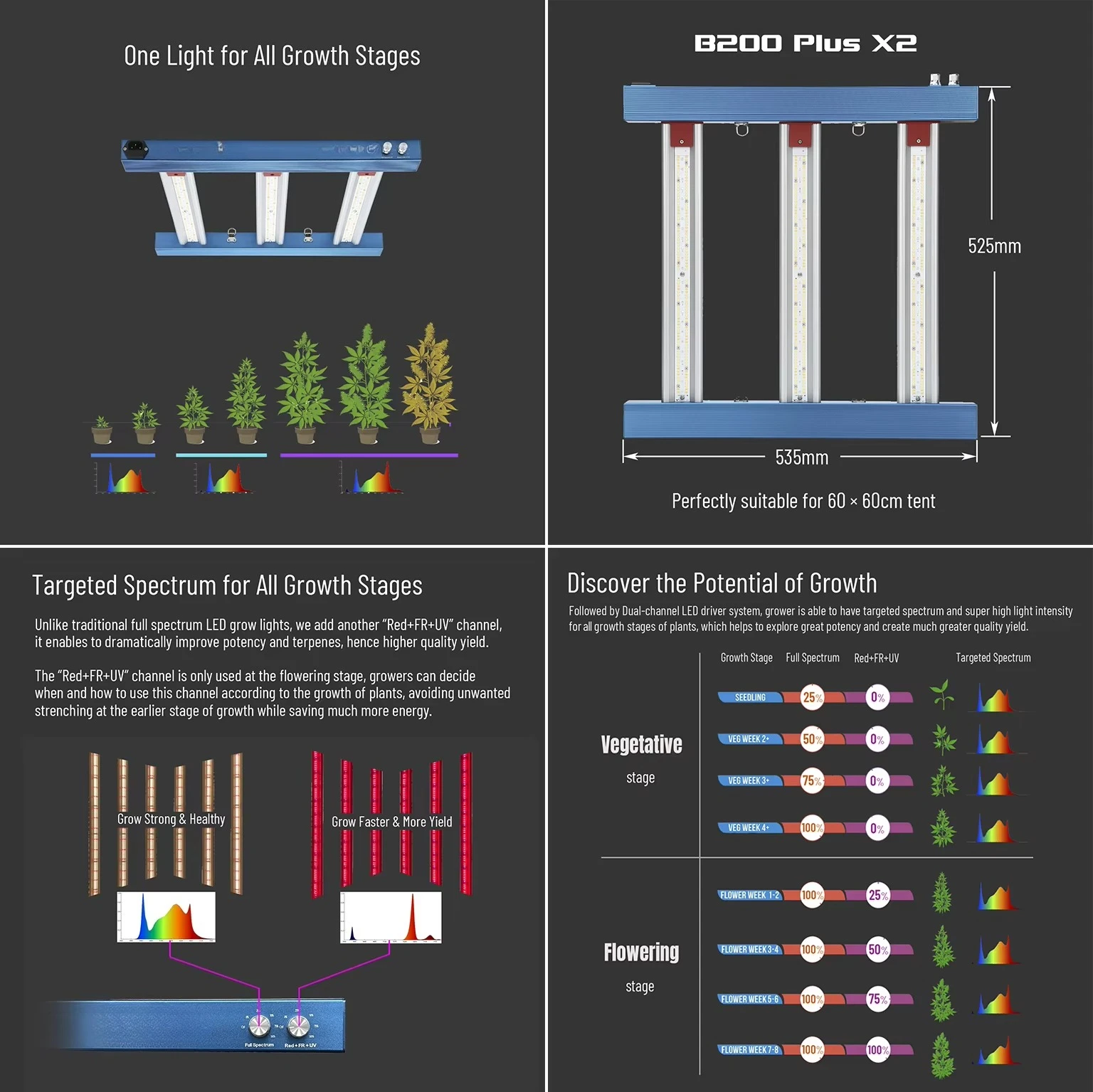 خيمة نمو 60 × 60 سم وحزمة نمو ضوء هورتي سبكترا 200 وات LED من قبل #3