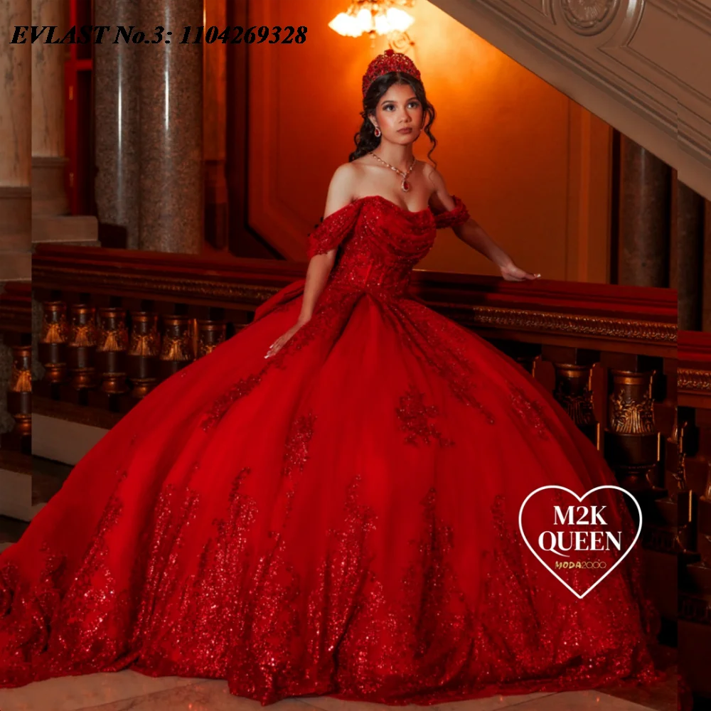 

EVLAST Customized Shiny Red Sequins Quinceanera Dress Ball Gown Applique Beaded Bow Corset Sweet 16 Vestido De 15 Anos E3Q331