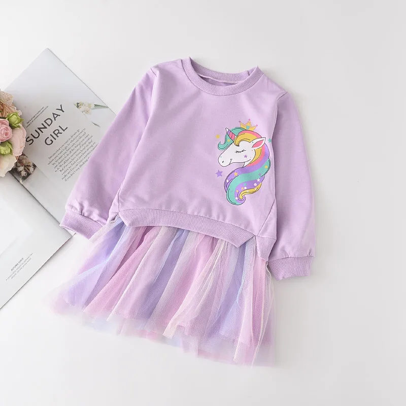 Pakaian Anak Perempuan Kasual Musim Semi Musim Gugur Gaun Tambal Sulam Jaring Gambar Cetak Unicorn Pelangi Lucu untuk Anak-anak Pakaian Sehari-hari Pakaian Anak-anak 3-8Y