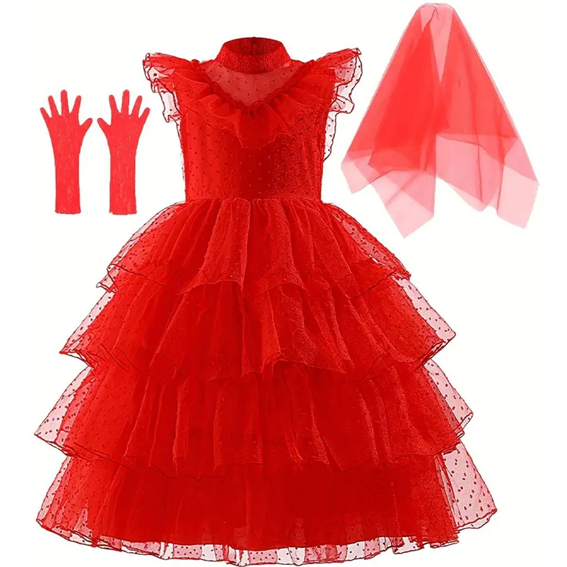 

2025 New Years Eve Dress Carnival Girls Party Red Princess Dresses With Bridal Veil And Lace Gloves Cosplay Wedding Outfits