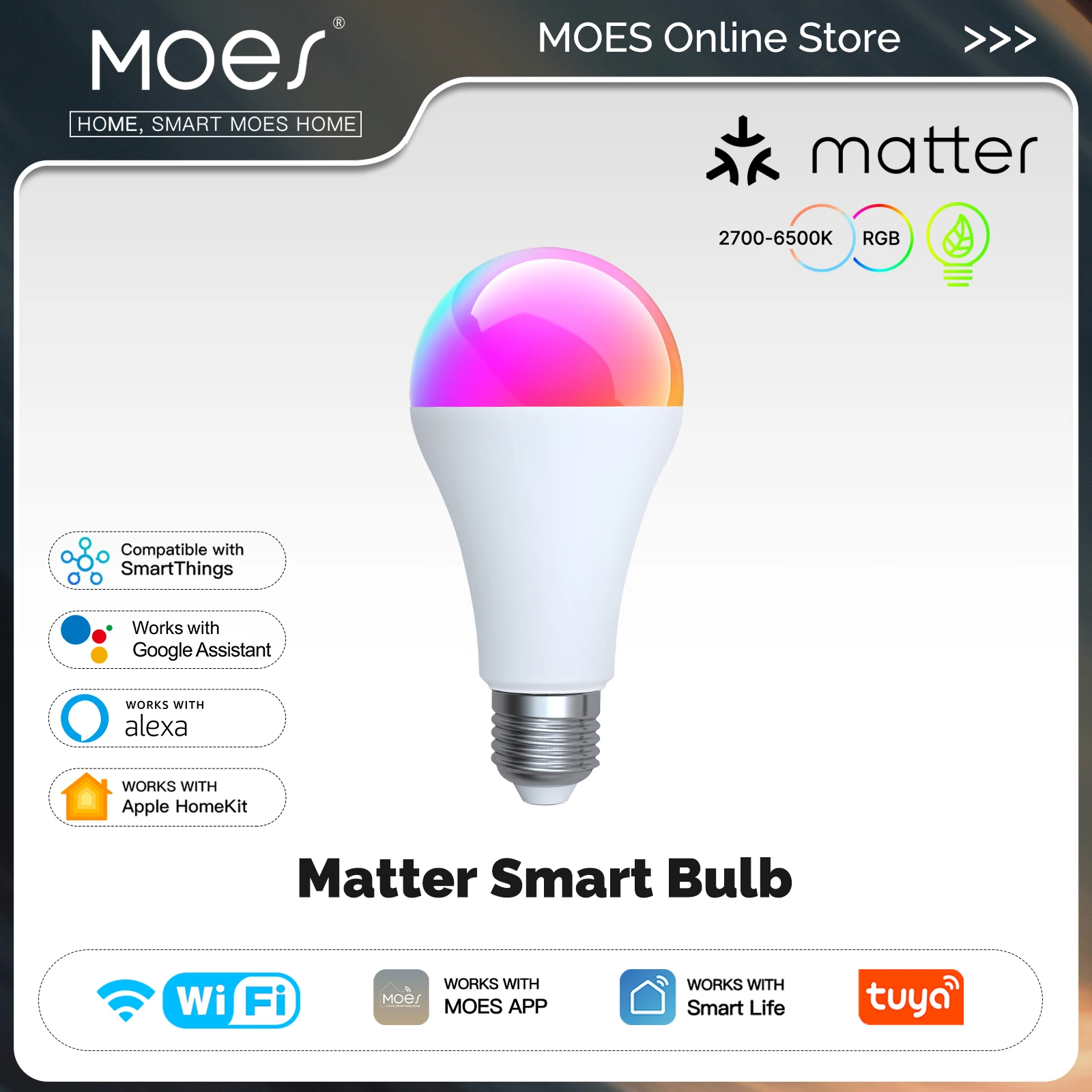 MOES Tuya MATTER WiFi Smart LED Bulb 14W Dimmable RGB CW E27 Color Shifting 2700K-6500K with Alexa Google Smart App Control