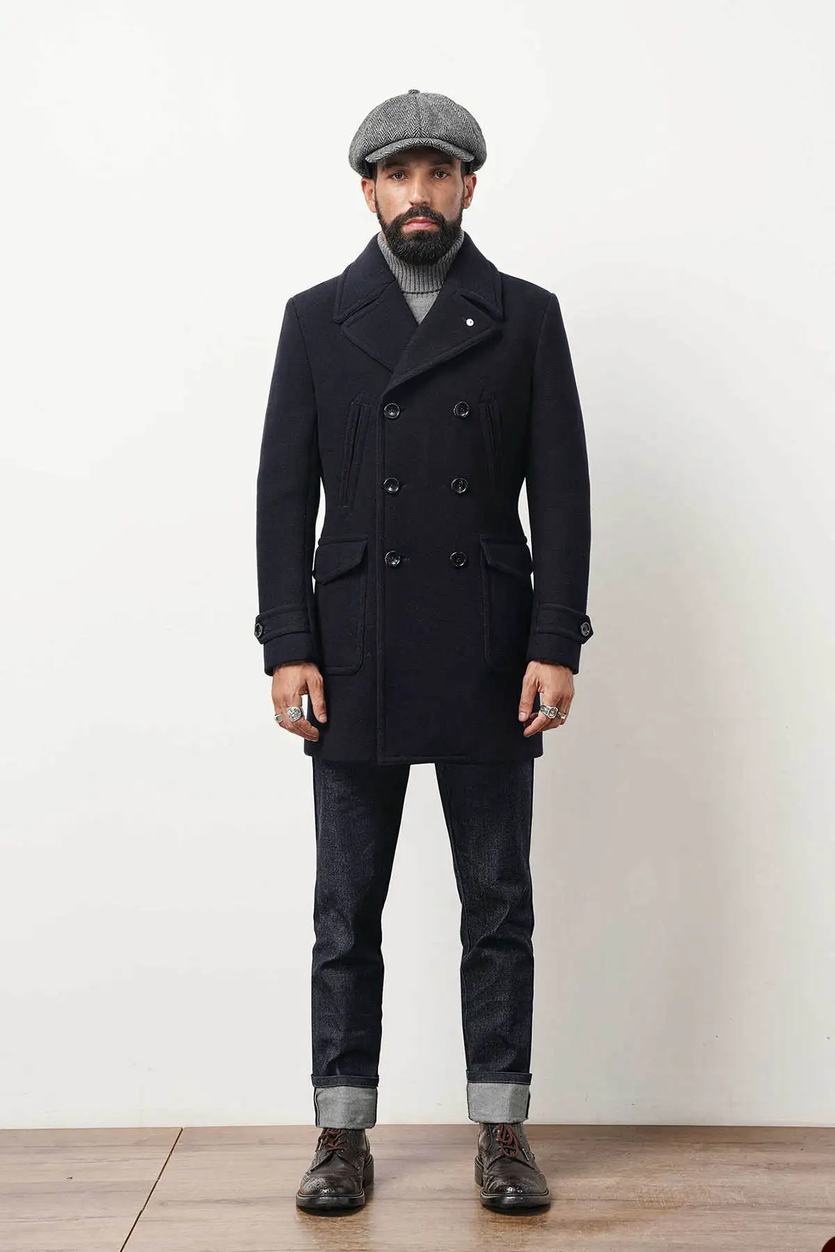 Men Long Overcoat Dark Navy Casual Woolen Jacket Wedding Tuxedos Winter Wear