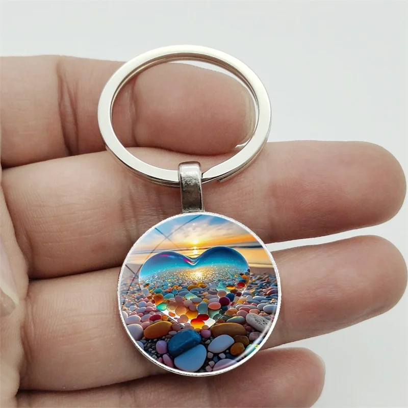 1PC Heart shaped Beach Pendant Keychain, Beach Pattern Glass Metal Keychain, Time Gem Gift