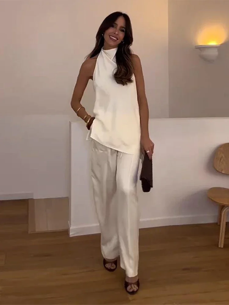 

Women's Pant Suit Solid Halter Backless Sleeveless Top High Waist Wide Leg Pants Female Outfits 2025 Summer Lady 2 Piece Sets