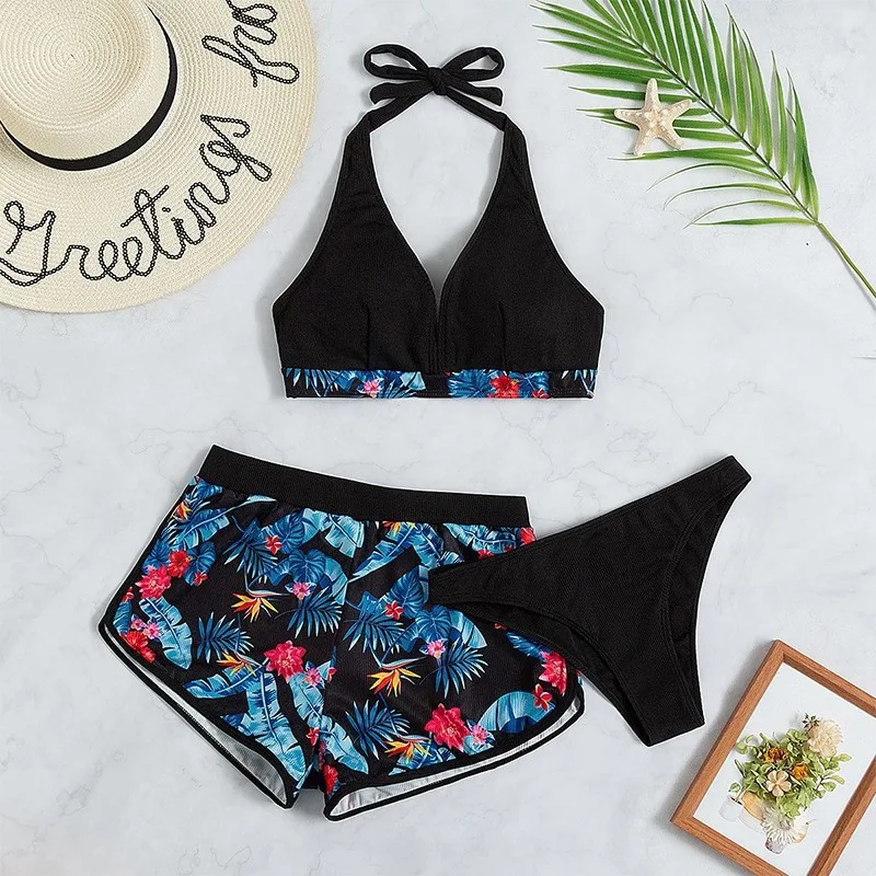 Conjunto de bikini deportivo sexy de tres piezas con cuello halter y copa triangular, traje de baño dividido, ropa de playa para vacaciones de verano para mujeres