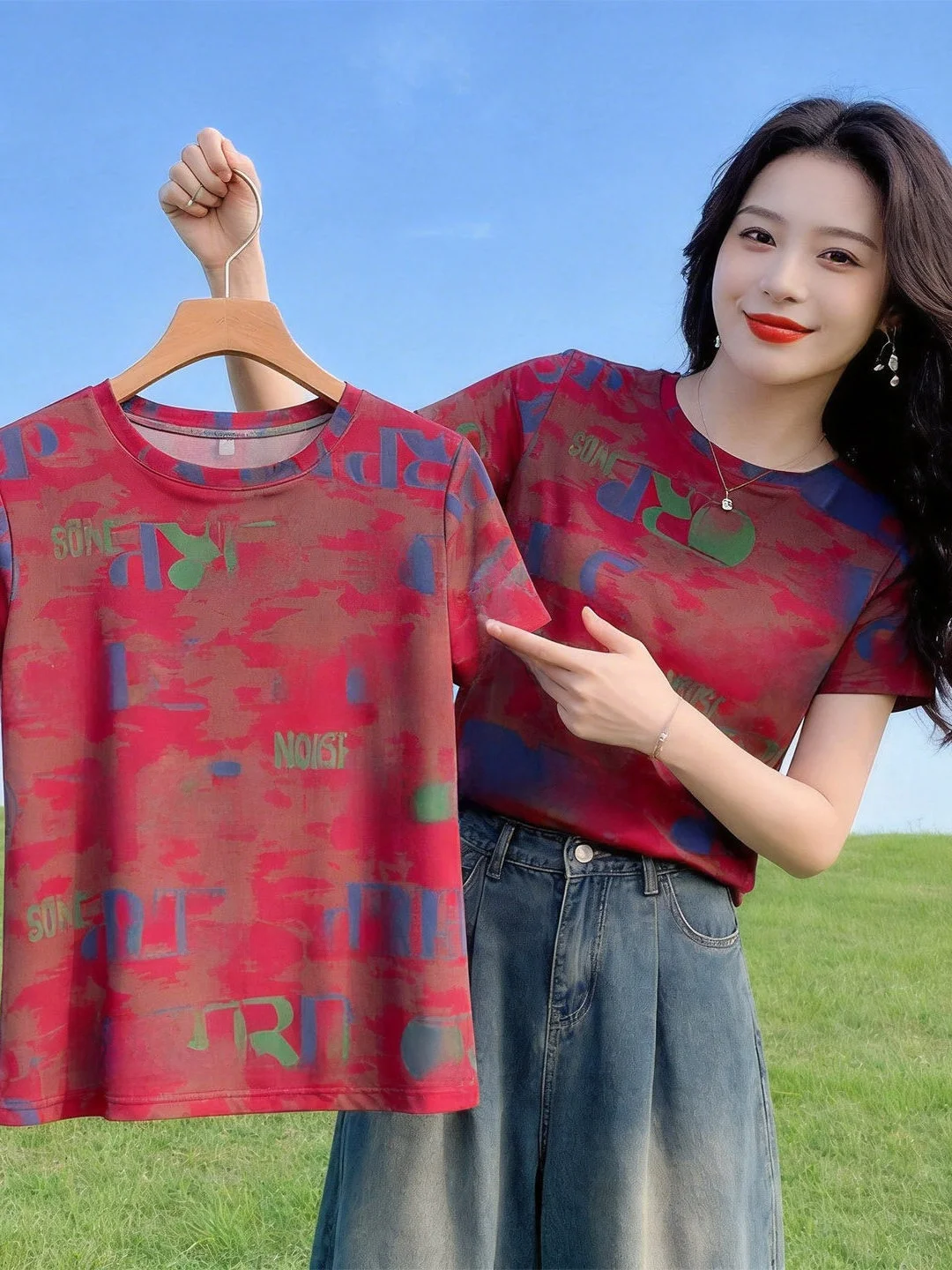 

Summer Women's Loose Fashion Letter Print Short Sleeve T-Shirt round Neck Slimming Top Casual Style Polyester Fiber