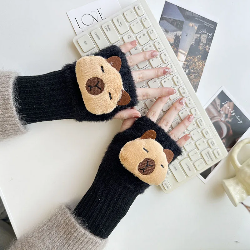 Cute Kapibala Capybara Plushie Doll Knitted Gloves Women's Winter Warm Wrist Gloves Girls Mittens Lolita Goth Fingerless Gloves image 2