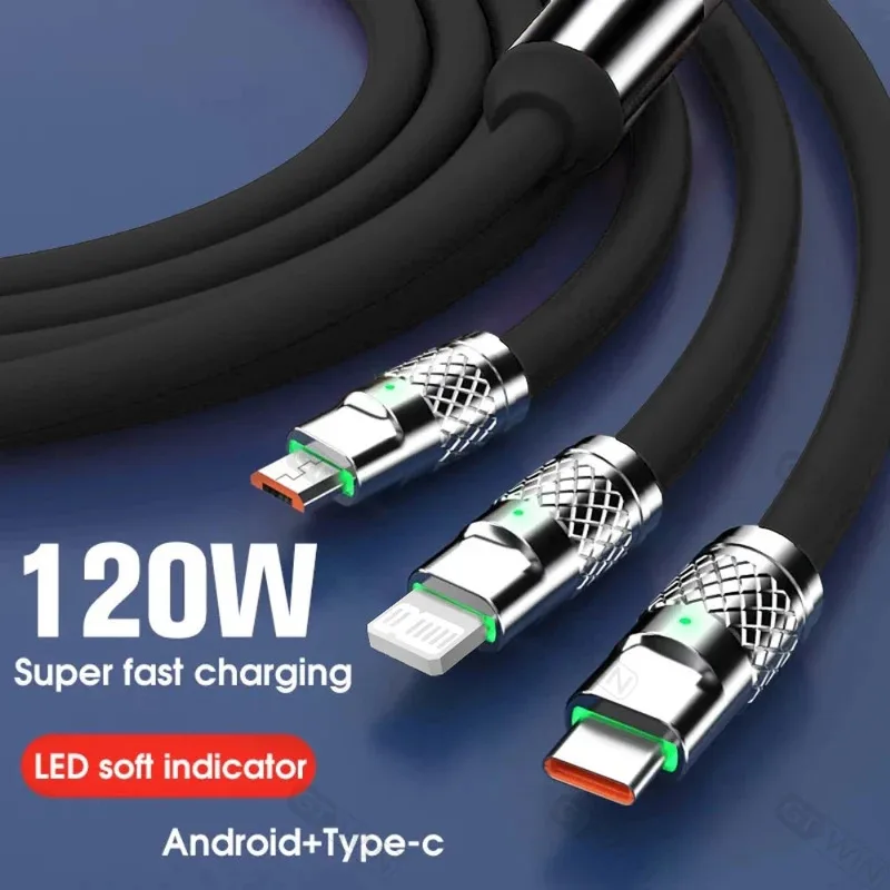 

3 In 1 120W Fast Charging Cable Cord For iPhone Huawei poco 6A USB Type C Charger Data Cable Multi Port Micro