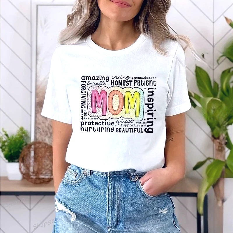 Retro Mother Fashion Casual Tops Gift for Mom Funny T Shirts Mother's Day Classic Tops Mom Life Printed T-shirt Womens Clothing