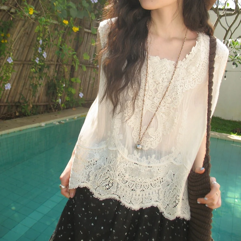 Top de Encaje Floral Bordado, Blusa Transparente de Encaje Guipur, Camiseta sin Mangas para Mujer, Estilo Cottagecore Vintage de Verano