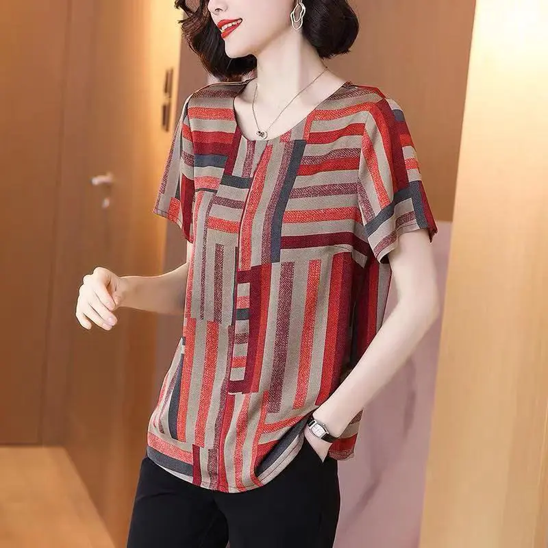 Vintage Contrast Loose T Shirts Summer New Short Sleeve Irregular Printing Plus Size Tops Tees Casual Fashion Women Clothing