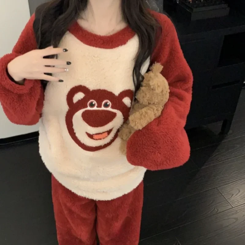 Disney strawberry bear coral fleece pajamas autumn and winter fleece thickened flannel warm women\'s pajamas loungewear set