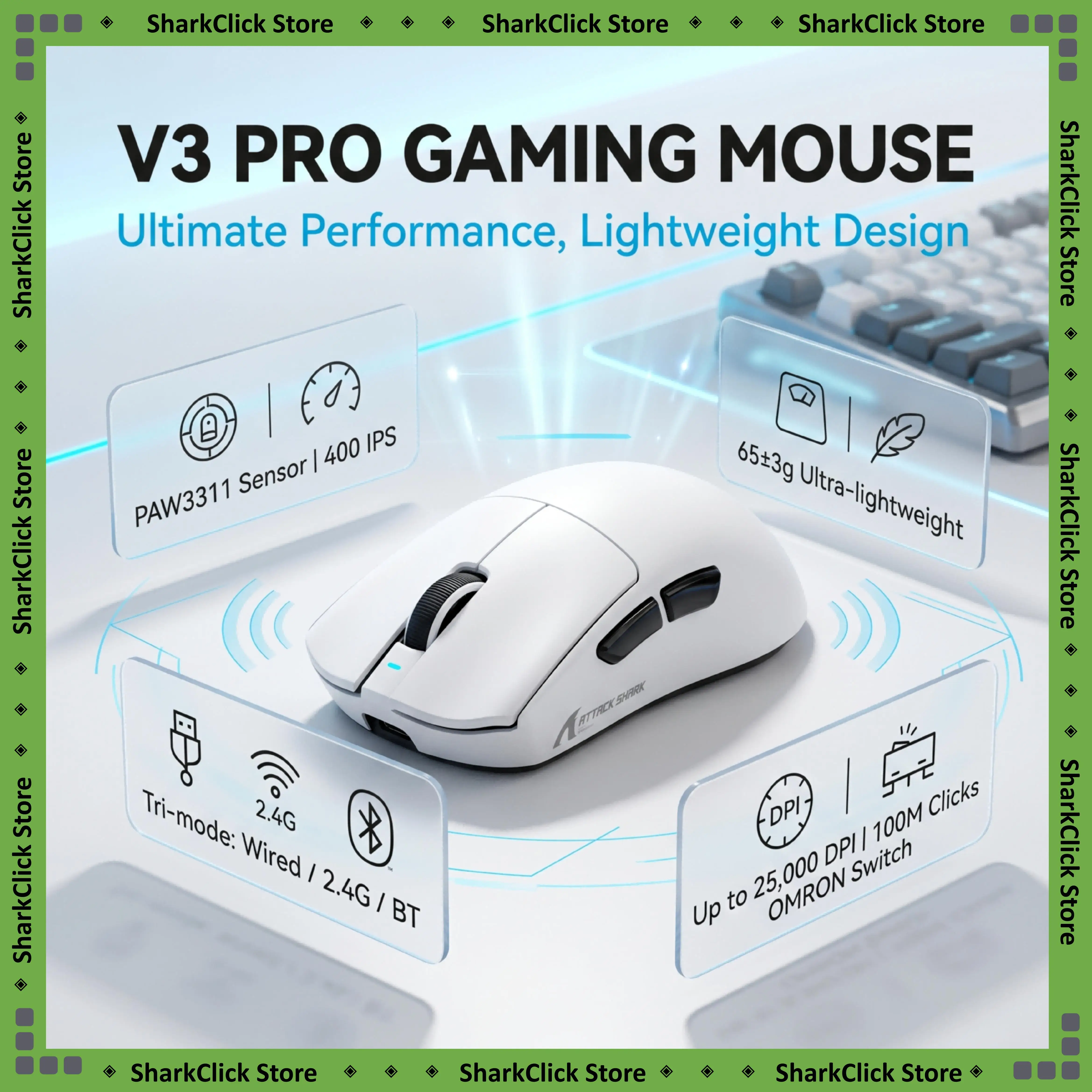 ATTACK SHARK V3PRO Lightweight Mouse,PAW3311 Sensor,BK52820 MCU,Ormon 100 Million Times Switch,25000DPI,1KHz Polling Rate