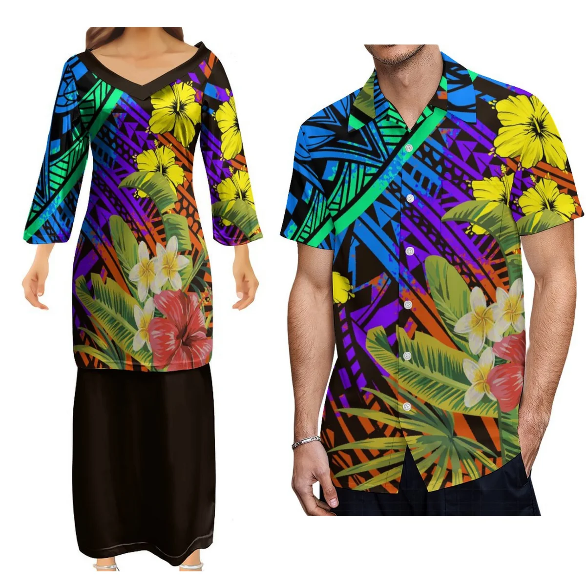 

Custom Polynesian Island Design Couples Wear Long Sleeve Dresses For Women In Puletasi Clothing And Shirts For Men In 9xl