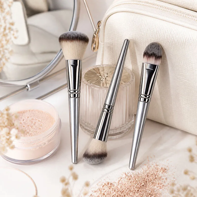 Large Fluffy Makeup Brushes Set 3PCS Silver Handle Cosmetic Brush Soft Synthetic Hair Blush Loose Powder Brushes Beauty Tools