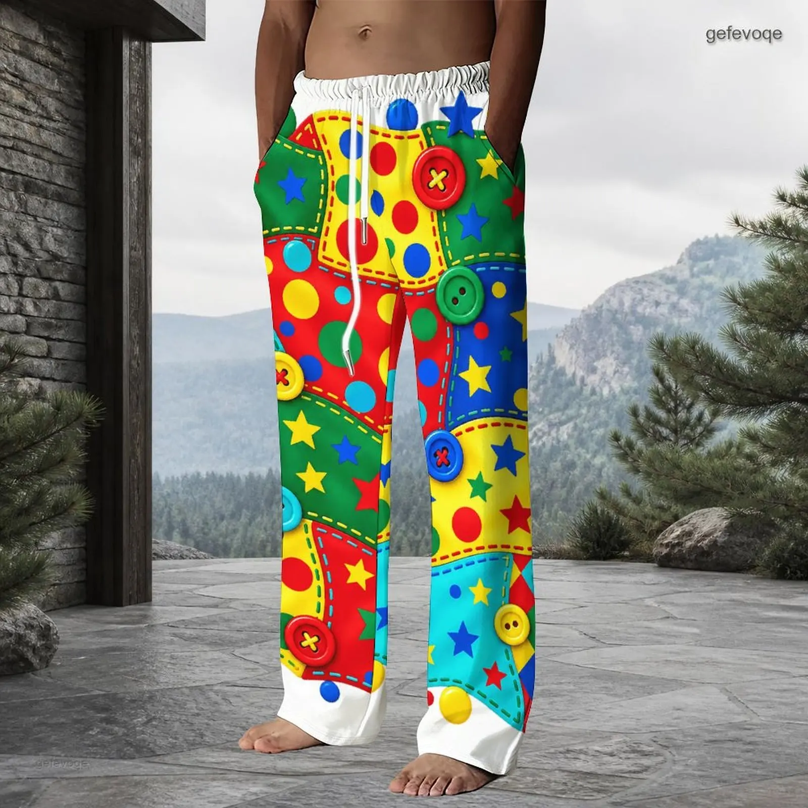 Men Black White Printed Full Length Straight Pants, Sketch Rose and Vertical Stripe Drawstring Waist Trousers