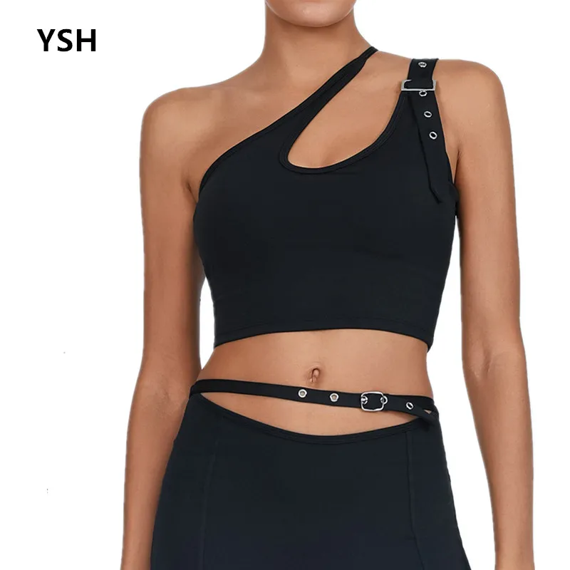 

YUSHUHUA Irregularity One Shoulder Strap Yoga Sports Bra Women Sexy Exercise Fitness Tops Buckle Design Running Training Underwe