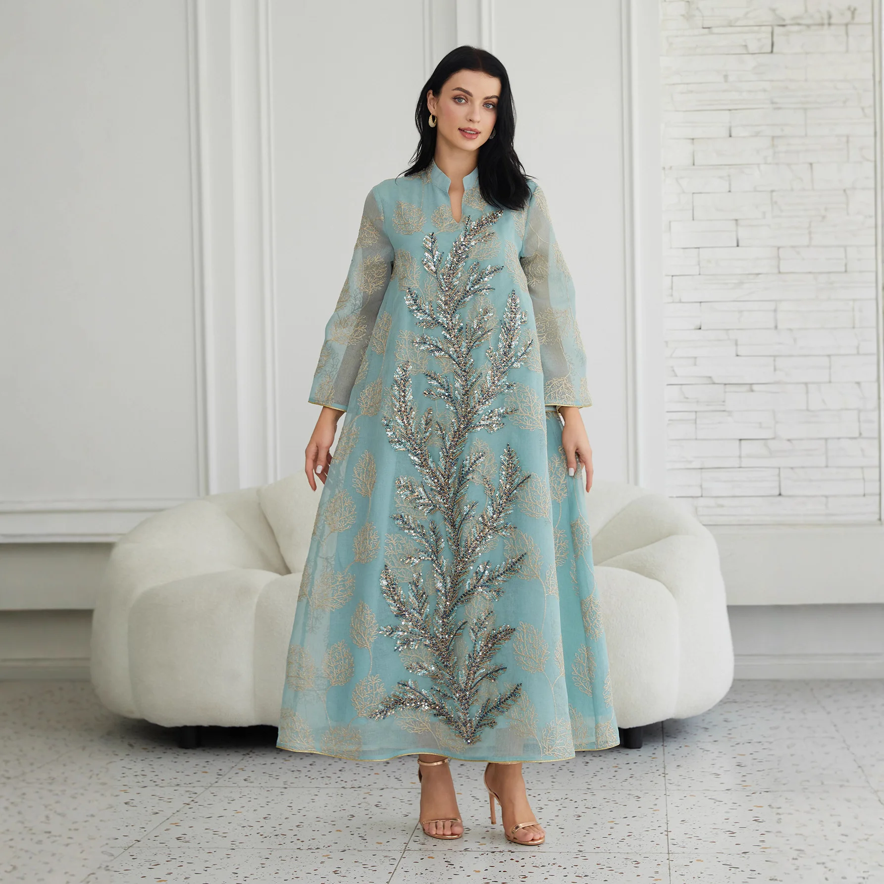 

Nc90 New Muslim Embroidered Sequin Robe Plus Size Women's Dress Abaya Long Dress Robe Abaya Ramadan Dubai Luxury Islam Elegant