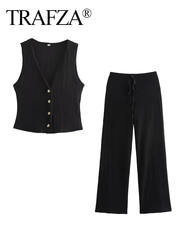 TRAFZA 2024 Women Pants Suit V-Neck Single Breasted Solid Texture Casual Vest Top+High-Waisted Drawstring Wide Leg Pants