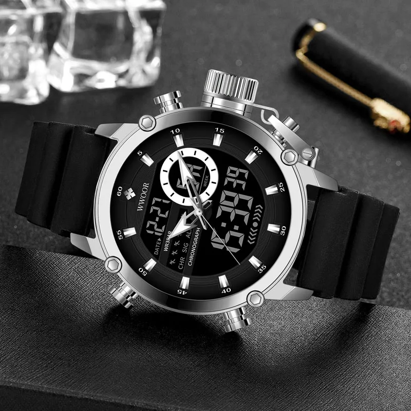 WWOOR-relojes digitales de lujo para hombre, cronógrafo de cuarzo deportivo militar, de acero inoxidable, resistente al agua, con alarma, Masculino