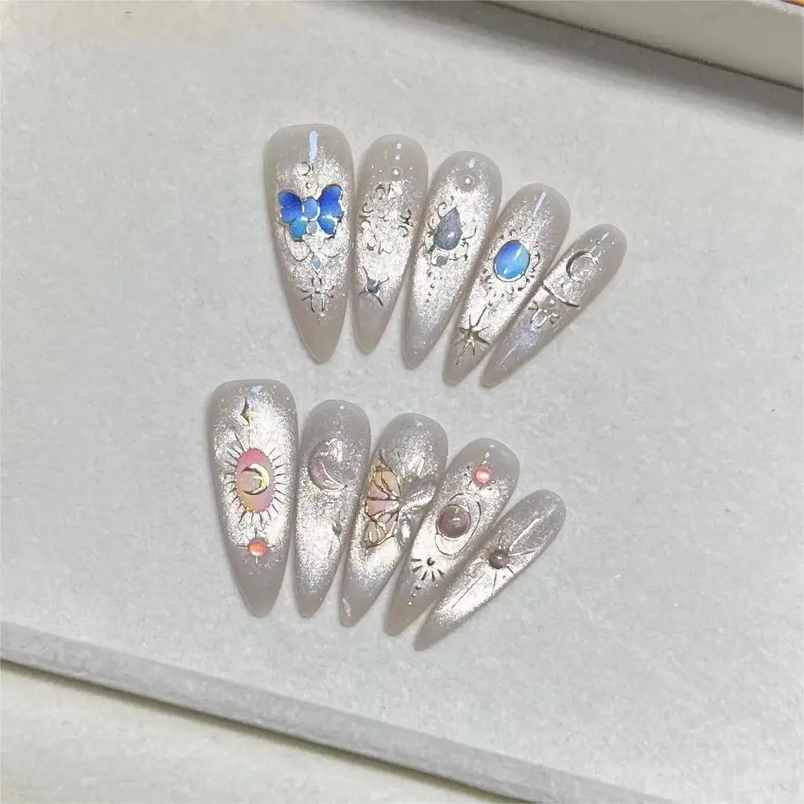 Dreamy Cat Eye Fairy Butterfly Fake Nail Patches Glitter Star Moon Luxury Handmade Press On Nails Sweet Korean Style Nail Art