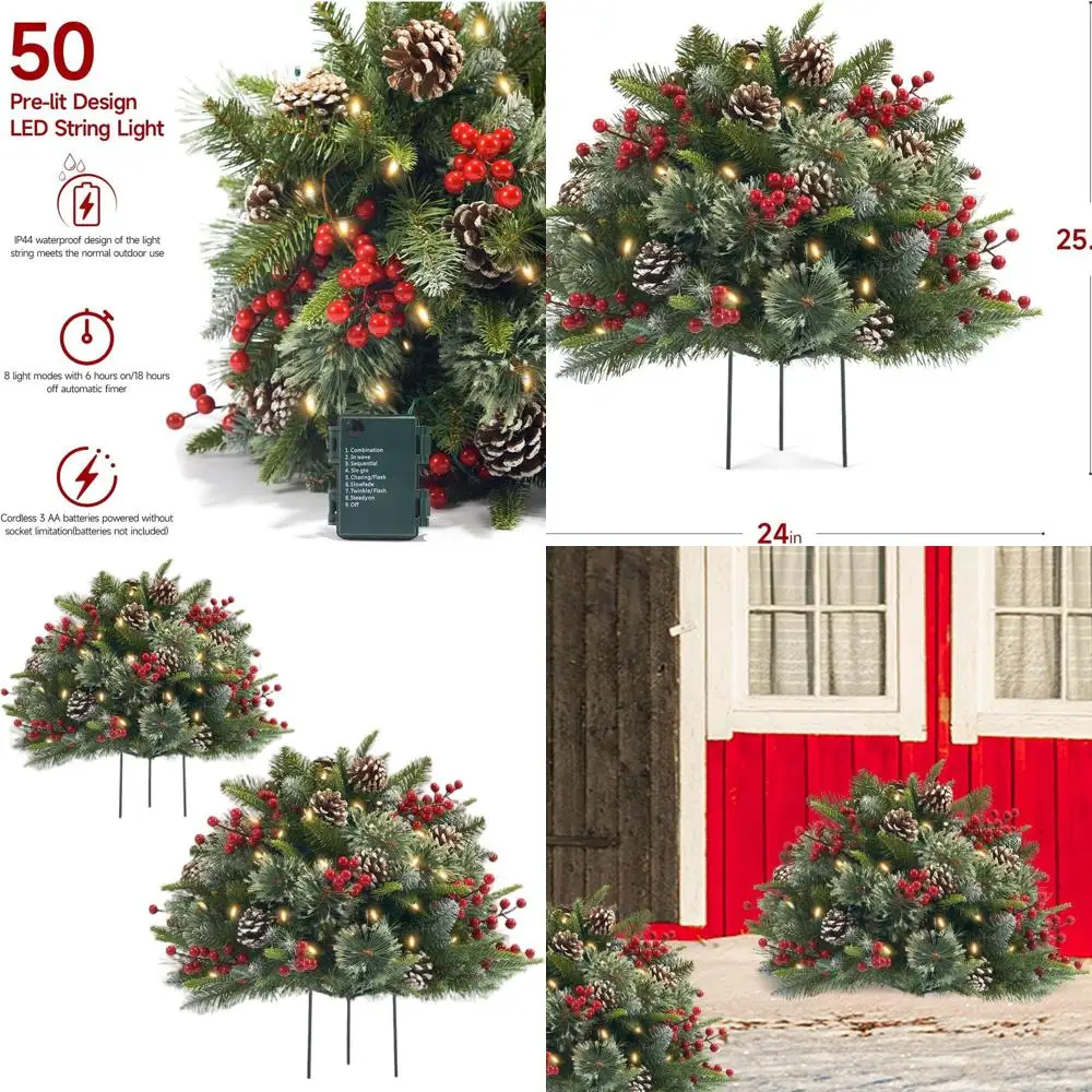 

Battery-Powered Frosted Urn Christmas Tree Set with 50 Lights, Decorated with Cones & Berries, White Artificial Tree for Outdoor