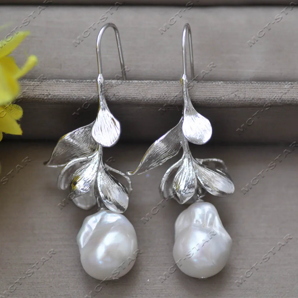 MTC·STAR 18mm White Baroque Keshi Pearl Silver-Color Flower Dangle Earring Custom Jewelry（Z13936 ）