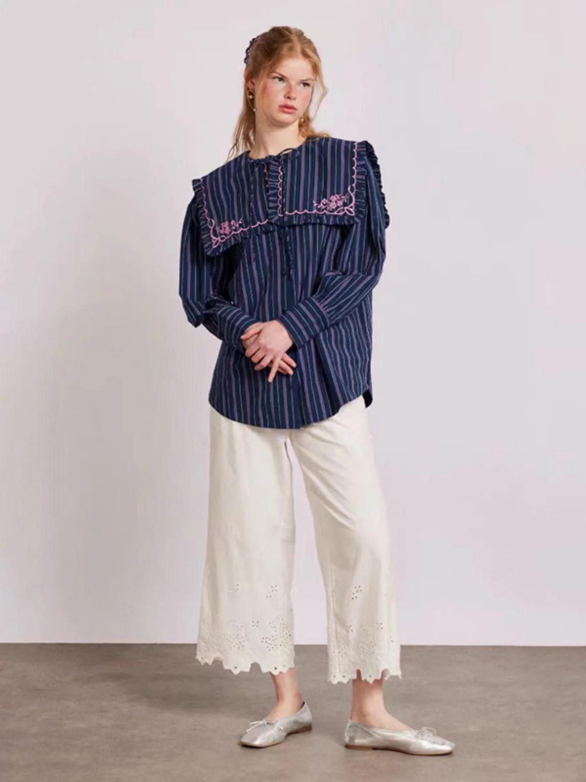 White Casual Straight Leg Pants Women's Slim Fit Elastic Waist Hollow out Hem Pure Color Nine Point Pants Cotton 100%
