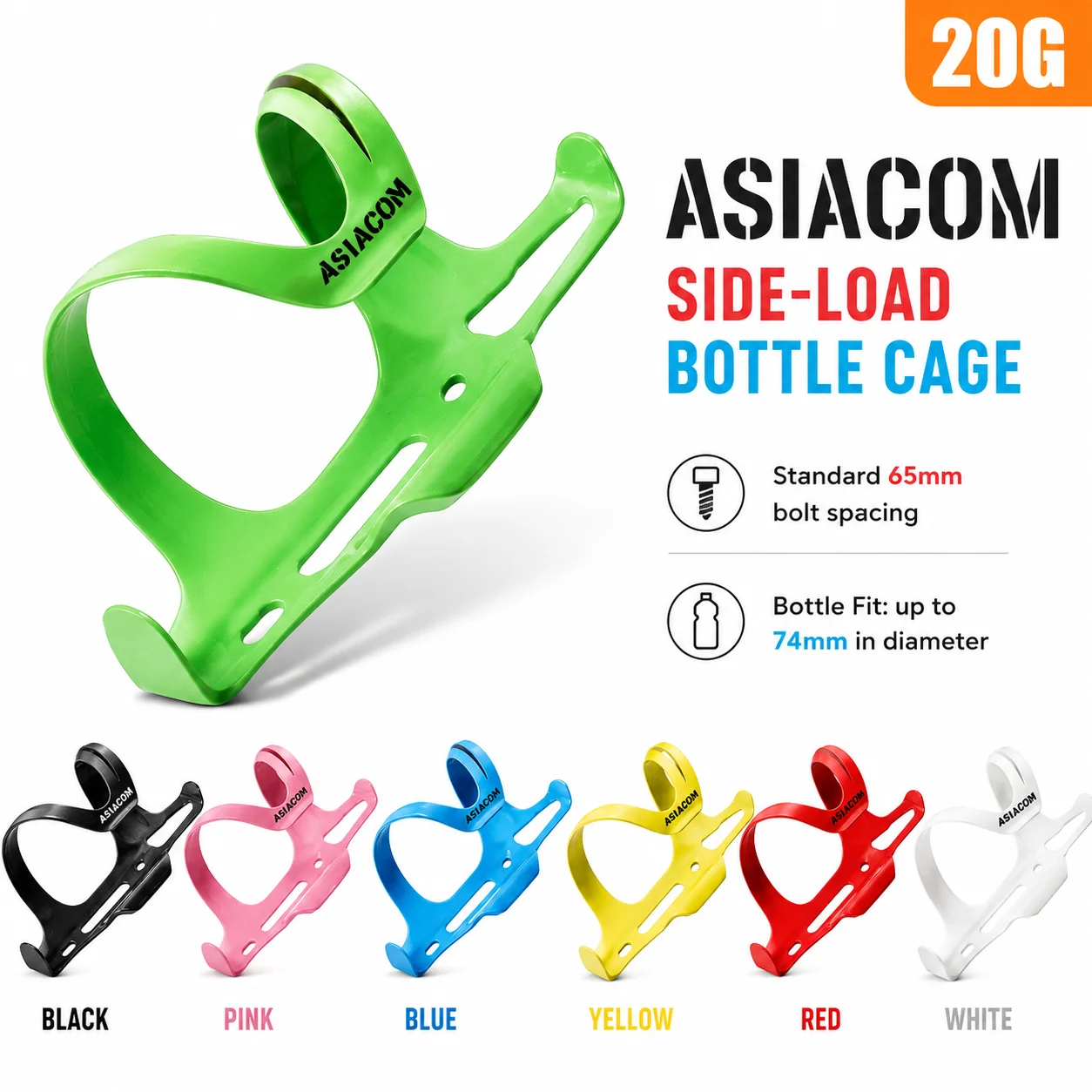 

ASIACOM 20g Ultra-Light Carbon Fiber Side-Load Water Bottle Cage, 65mm Bolt Spacing, for Road & Mountain Bikes (MTB)