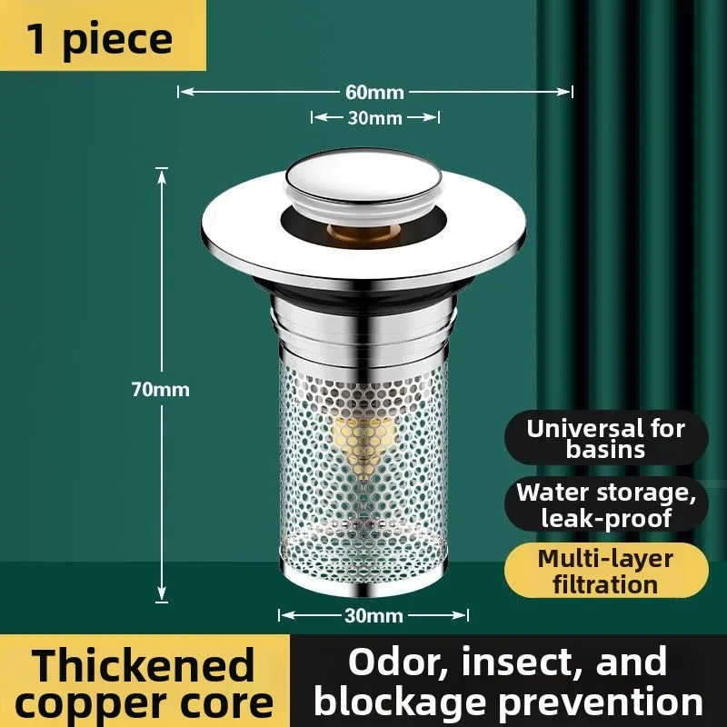 Copper ABS Push Down Sink Stopper with 304 Stainless Steel Mesh Filter for 27mm to 38mm Standard Drain Openings