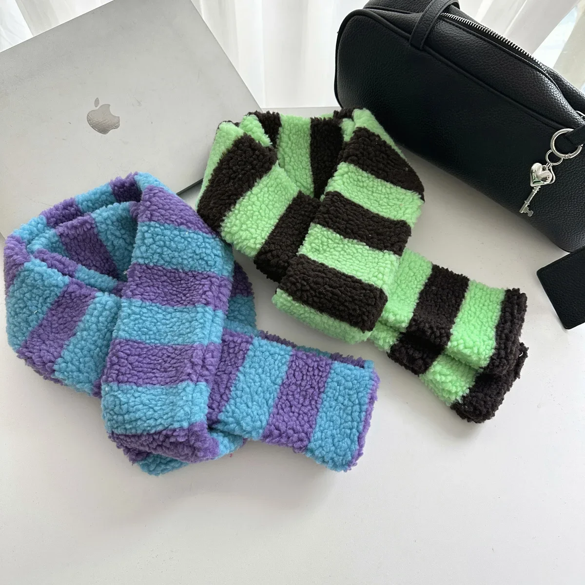 Y2K Colorful Lambswool Striped Scarf Women Cute Winter Plush Warm Necklace Japanese Children's Scarf Couple Thickened Wrap