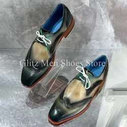 Mixed Color Totem Printed Genuine Leather Men’s Shoes Pointed Head Slip On Daily Dress Shoes For Party Vintage Fashion Loafers