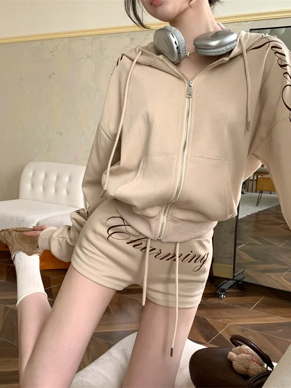 طقم جايت وقلنسوة فضفاض كاجوال وسحاب للنساء مع طباعة حروف عالية الخصر بنطال ضيق مناسب للخريف #2