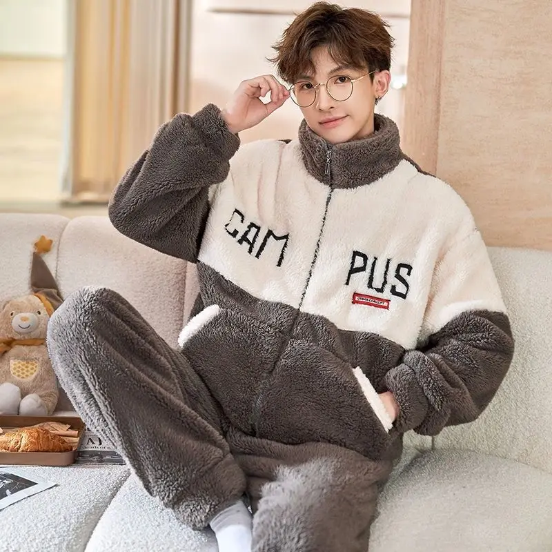 

Can Be Worn Outside Sleepwear Flannel Home Wear Men's Coral Velvet Set Loose and Large Size Can Be Worn Outside Warm Pajamas