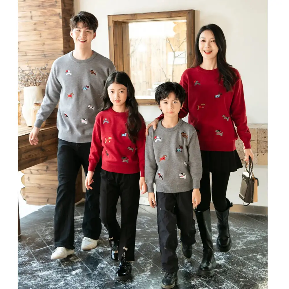 Family Matching Sweater Embroidery Round Neck Long Sleeve Knit Top for Parents Kids Baby Couples Outfit Toddler Infant Romper