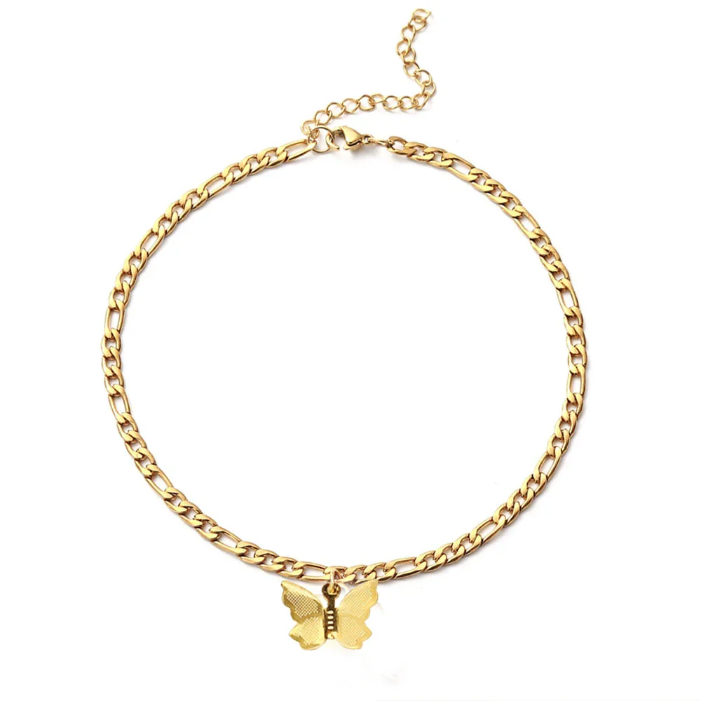 Damen Knöchel Bein Armband Strand Schmuck Damen Gold Farbe Edelstahl Figaro Kette mit Schmetterling Anhänger Fußkettchen für Frauen