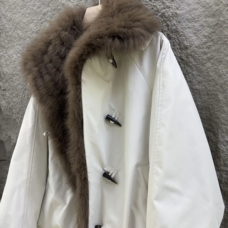 2025 겨울 여성용 리얼 폭스 퍼 칼라 다운 파카 여성 플러스 사이즈 두꺼운 따뜻한 구스 다운 코트 긴 소매 루즈 자켓 아우터웨어