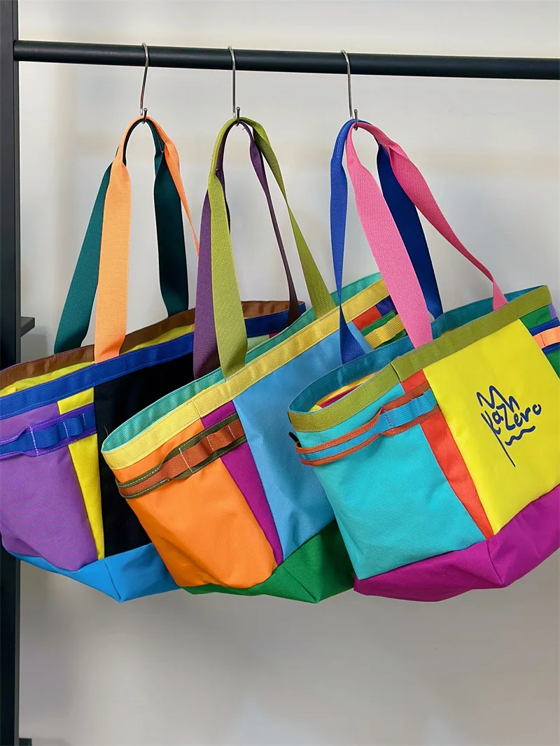 Bolsa de Mano Grande con Contraste de Colores para Mujer, Bolsa de Hombro de Nailon Impermeable, Bolso Casual para Viajes y Compras