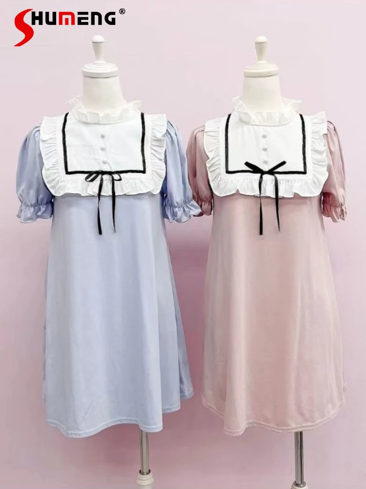 

Japanese Mine Style Ruffles Lace-up Bow Puff Short Sleeve Loose High Waist A-line Sweet Lolita Short Dress Women's Summer 2024
